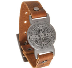 Saint Benedict brown leather bracelet with antique silver-tone medal