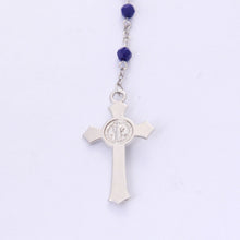 Back of Saint Benedict crucifix on blue crystal devotional rosary