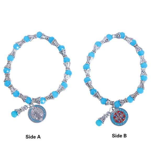 Aqua blue Saint Benedict bracelet front and back medal views