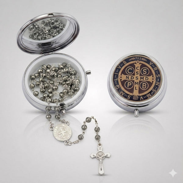 Saint Benedict gray crystal rosary with keepsake box