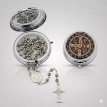 Saint Benedict gray crystal rosary with Saint Benedict medal centerpiece, crucifix, and matching silver-tone keepsake box