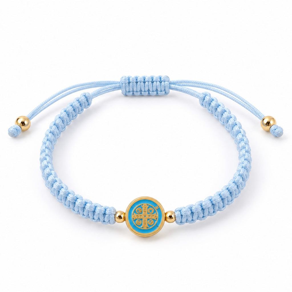 Saint Benedict light blue woven cord adjustable bracelet with gold-tone medal