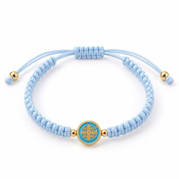 Saint Benedict light blue woven cord adjustable bracelet with gold-tone medal