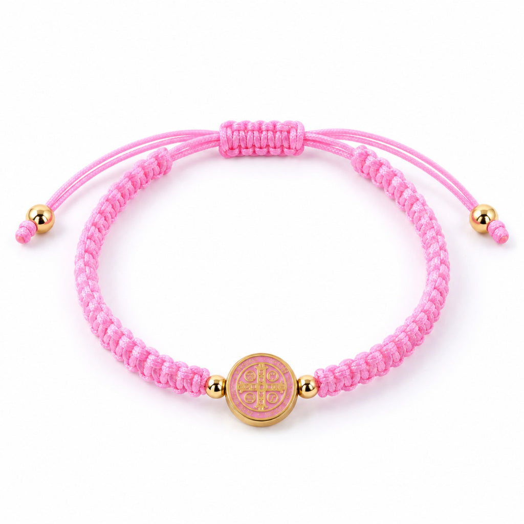 Saint Benedict pink woven cord adjustable bracelet with gold-tone medal