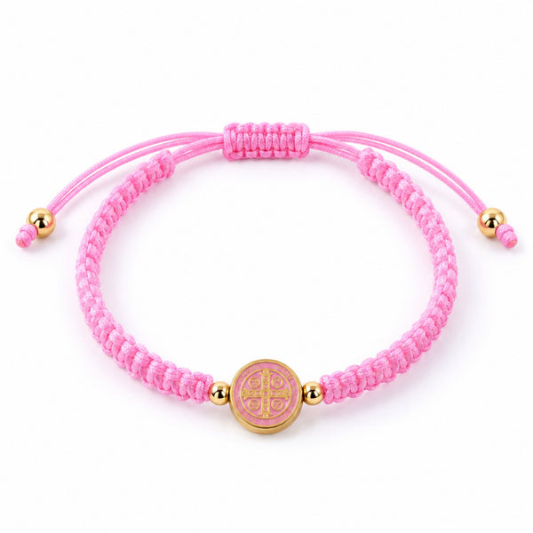 Saint Benedict pink woven cord adjustable bracelet with gold-tone medal
