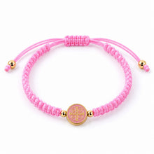 Saint Benedict pink woven cord adjustable bracelet with gold-tone medal