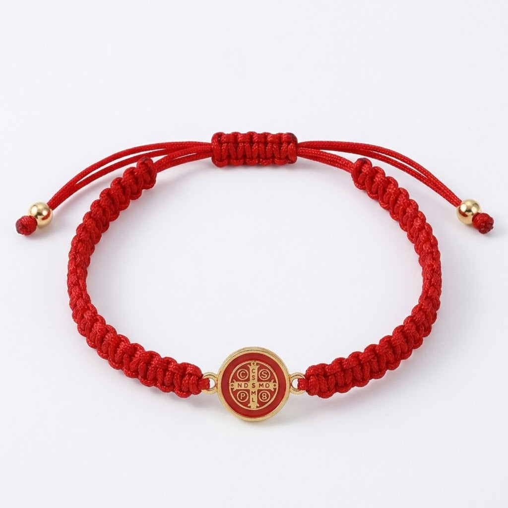 Saint Benedict red woven cord adjustable bracelet with double-sided gold-tone medal