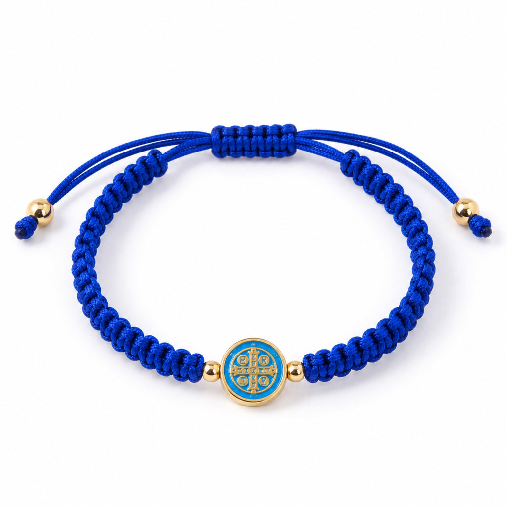 Saint Benedict royal blue woven cord adjustable bracelet with gold-tone medal
