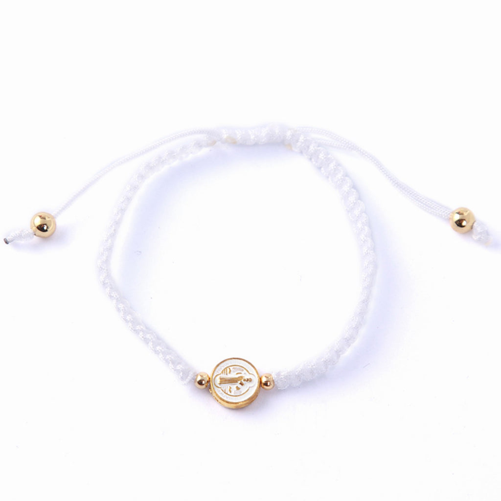 Saint Benedict white woven cord adjustable bracelet reverse side medal