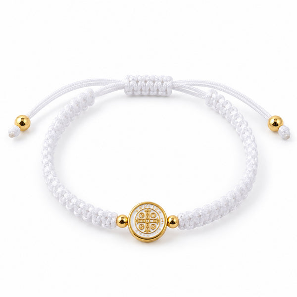 Saint Benedict white woven cord adjustable bracelet with gold-tone medal