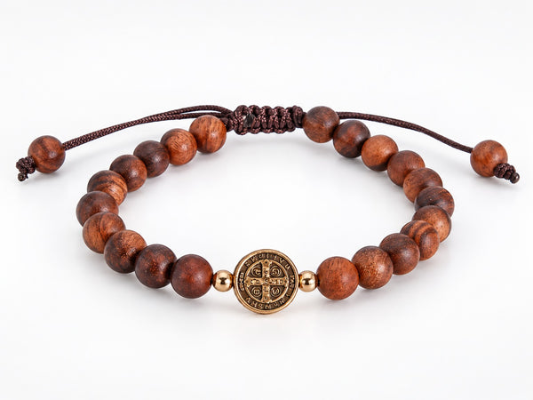 Saint Benedict medal adjustable brown cord bracelet with 6 mm wooden beads