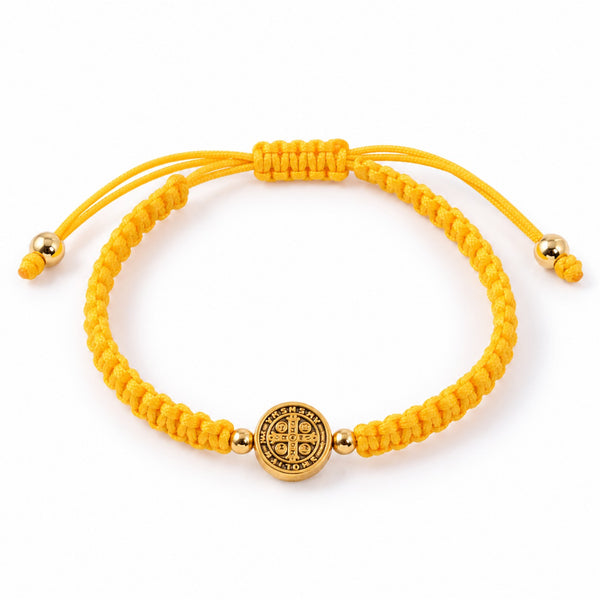 Saint Benedict yellow woven cord adjustable bracelet with gold-tone medal