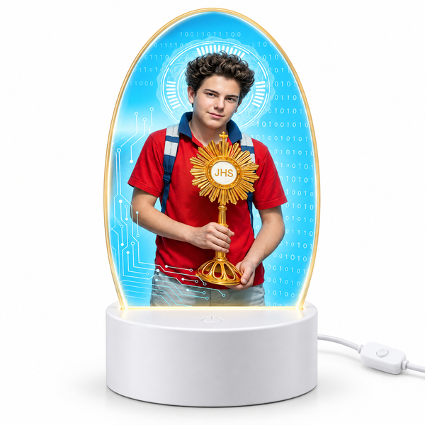 Saint Carlo Acutis 3D LED night light on white background