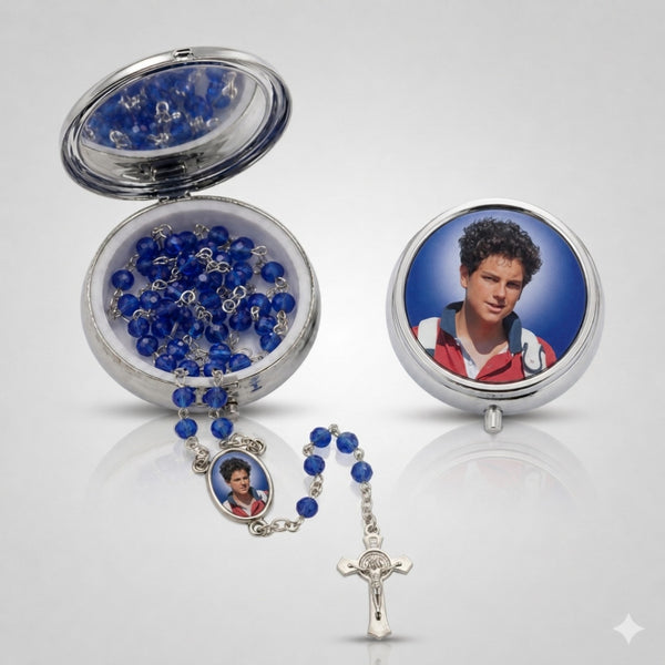 Saint Carlo Acutis blue crystal rosary with keepsake box