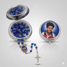 Saint Carlo Acutis blue crystal rosary with Saint Benedict crucifix and matching silver-tone keepsake box