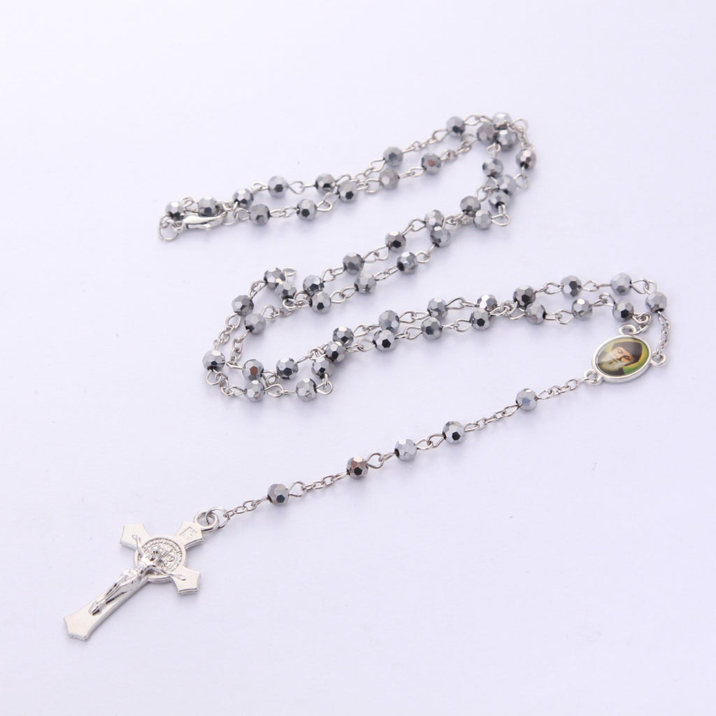 Saint Charbel gray crystal rosary full view