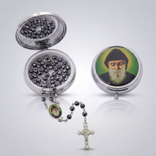 Saint Charbel gray crystal rosary with Saint Benedict crucifix and matching silver-tone keepsake box