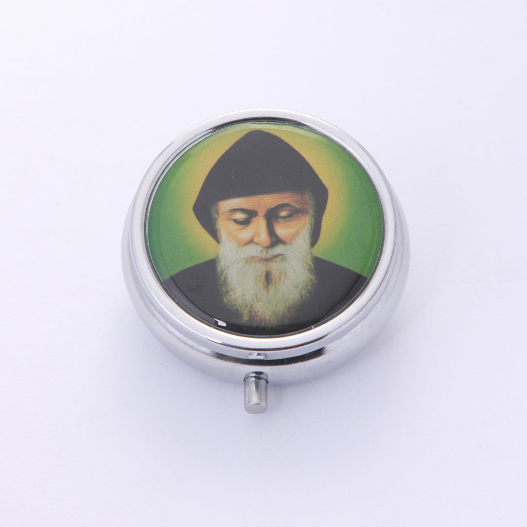 Saint Charbel of Lebanon image on round silver-tone metal keepsake box