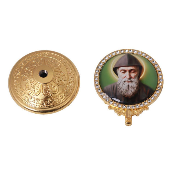 San Charbel Makhlouf devotional plaque with detachable threaded gold-tone base