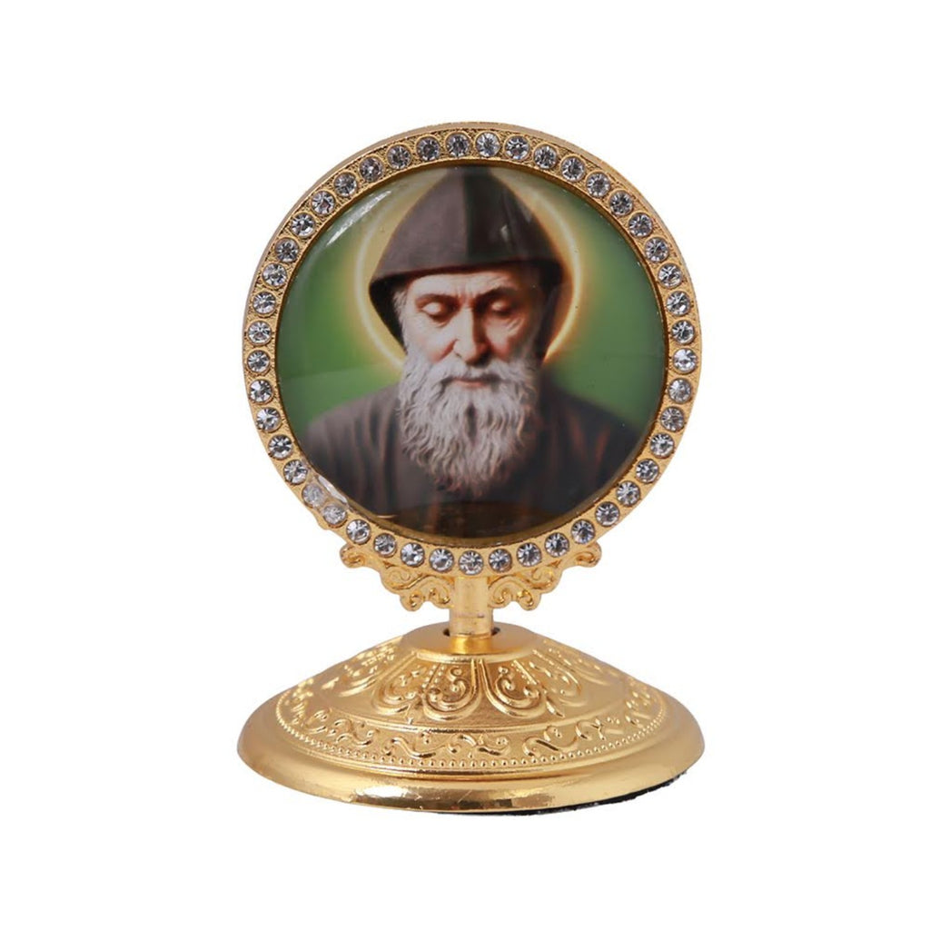 Saint Charbel Makhlouf gold-tone tabletop plaque with clear decorative stones