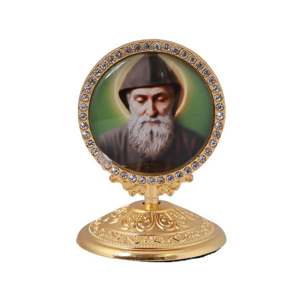 Saint Charbel Makhlouf gold-tone tabletop plaque with clear decorative stones