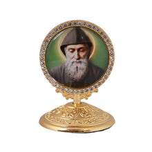 Saint Charbel Makhlouf gold-tone tabletop plaque with clear decorative stones