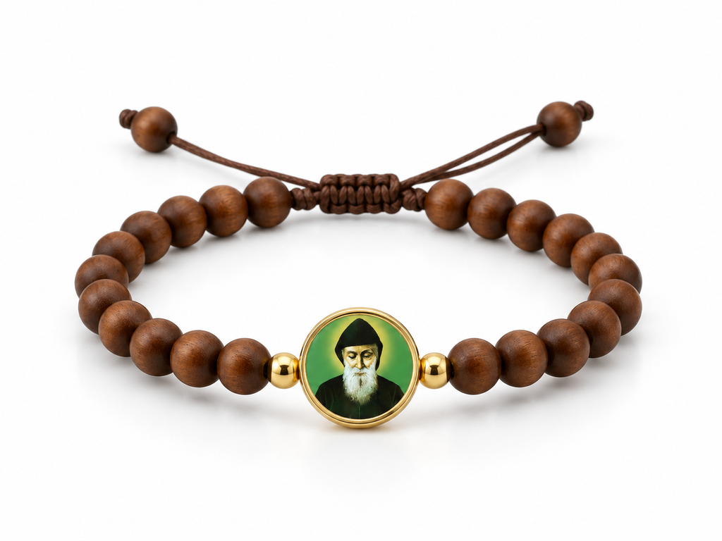 Saint Charbel wooden bead adjustable brown cord Catholic bracelet