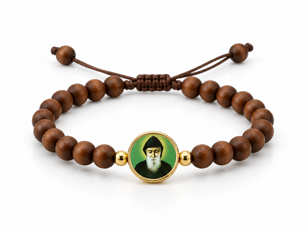 Saint Charbel wooden bead adjustable brown cord Catholic bracelet