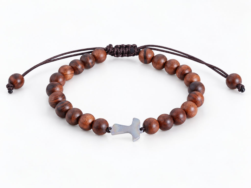 Saint Francis Tau cross adjustable brown cord bracelet with 6 mm wooden beads
