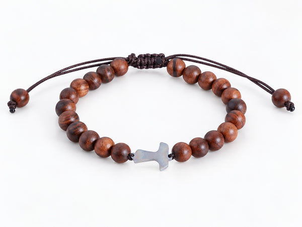 Saint Francis Tau cross adjustable brown cord bracelet with 6 mm wooden beads