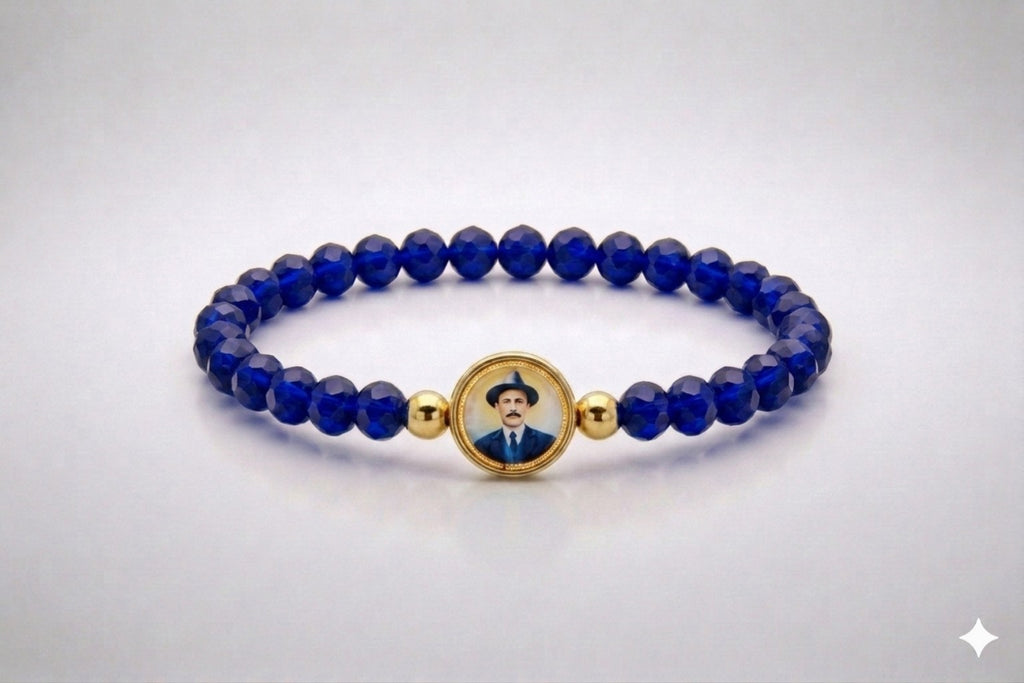 Saint José Gregorio Hernández dark blue crystal elastic bracelet with gold-tone accents, front view
