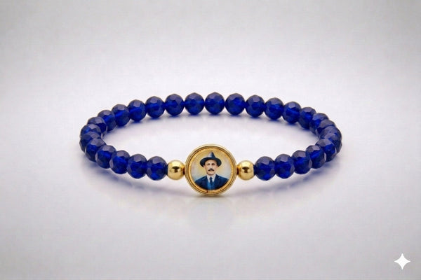 Saint José Gregorio Hernández dark blue crystal elastic bracelet with gold-tone accents, front view