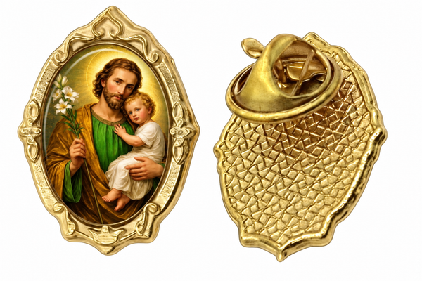 Gold-tone Saint Joseph / San José lapel pin, front and back on white background