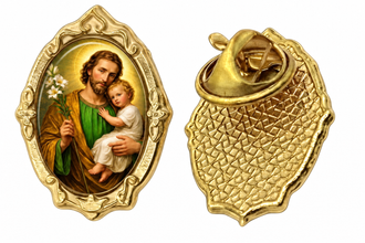 Gold-tone Saint Joseph / San José lapel pin, front and back on white background