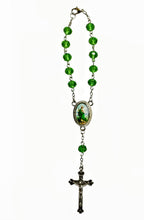 Saint Jude green crystal car rosary with silver-tone crucifix
