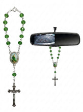 Saint Jude green crystal auto rosary hanging from rearview mirror