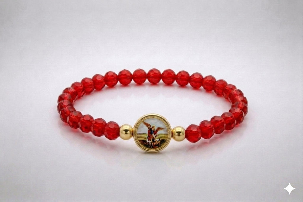 Saint Michael Archangel red crystal elastic bracelet with gold-tone centerpiece, front view