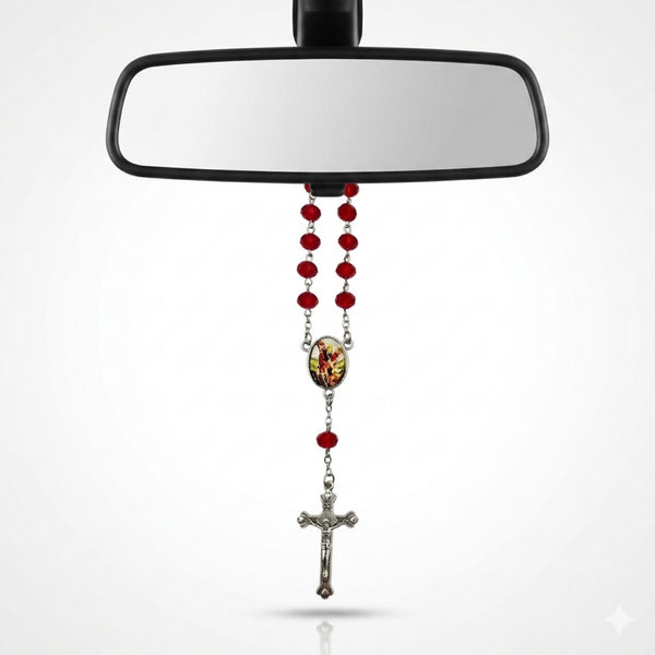 Saint Michael red crystal car rosary hanging from rearview mirror