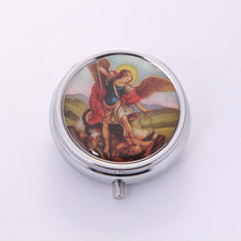 Saint Michael the Archangel image on round silver-tone metal keepsake box