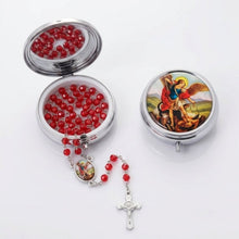 Saint Michael the Archangel red crystal rosary with Saint Benedict crucifix and matching metal keepsake box