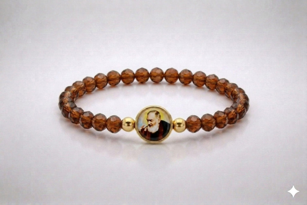 Saint Padre Pio brown crystal elastic bracelet with gold-tone accents, front view