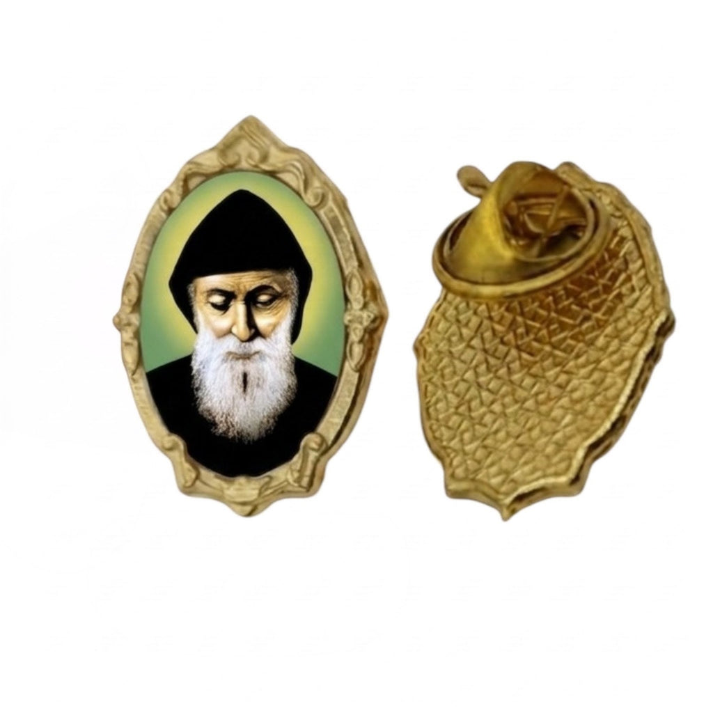 Gold-tone St. Charbel Makhlouf / San Chárbel Makhlouf lapel pin, front and back on white background