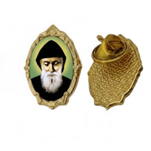 Gold-tone St. Charbel Makhlouf / San Chárbel Makhlouf lapel pin, front and back on white background