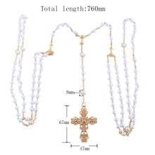 Wedding lasso rosary measurements: 760 mm length, 8 mm beads, cross 67 by 47 mm