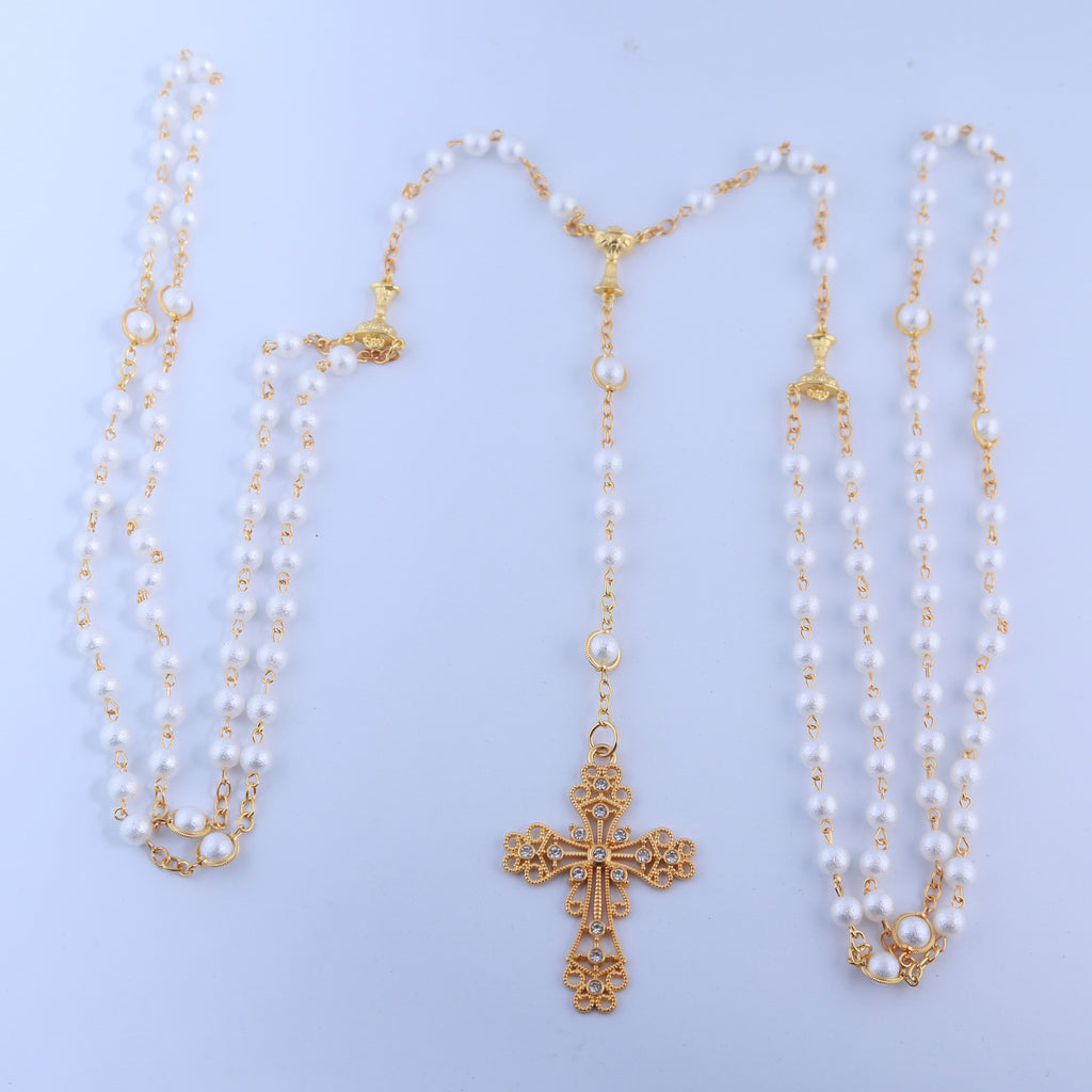 Catholic wedding lasso rosary with white beads and gold-tone cross, full view