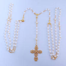 Catholic wedding lasso rosary with white beads and gold-tone cross, full view
