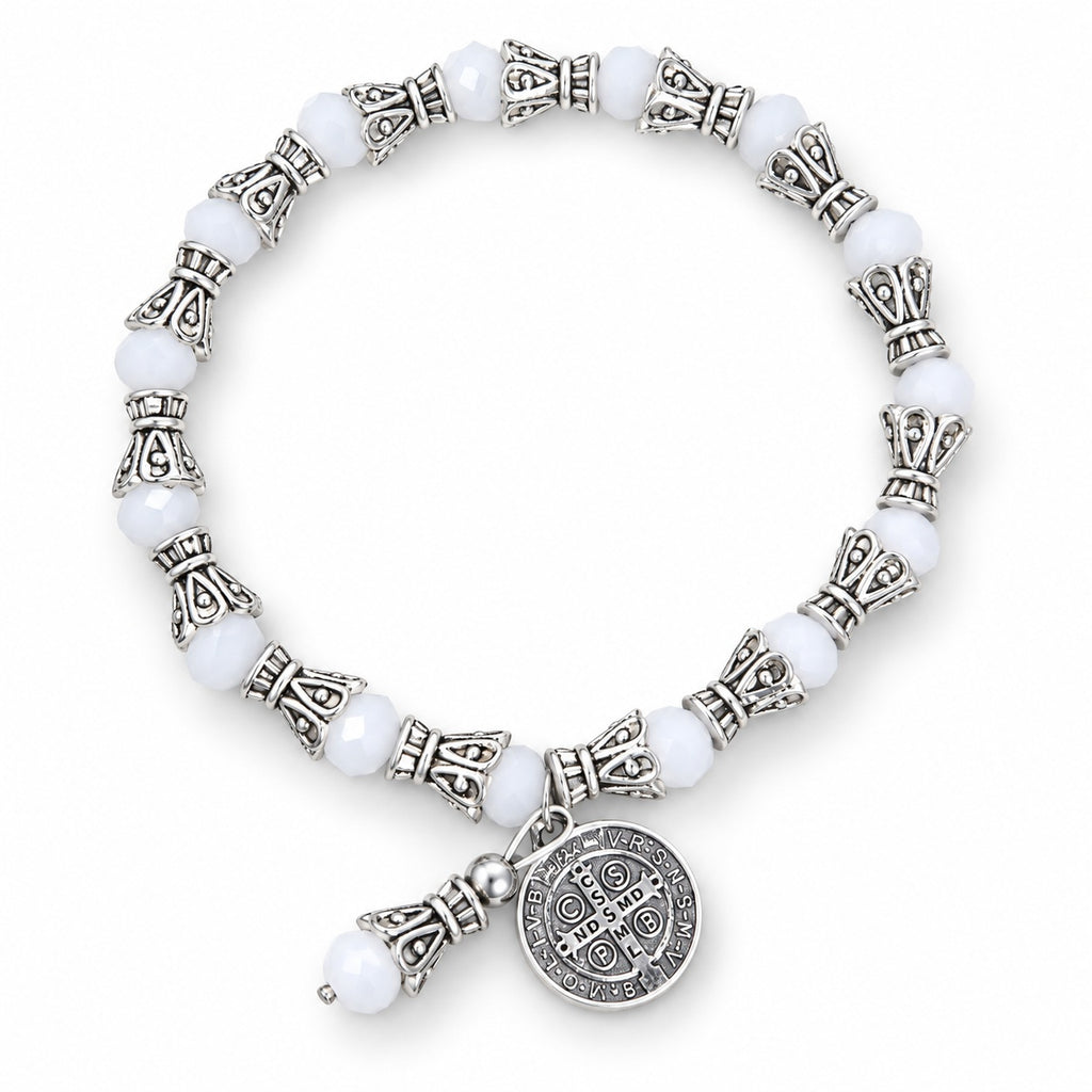 White Saint Benedict crystal bead stretch Catholic bracelet