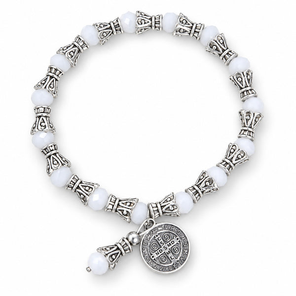 White Saint Benedict crystal bead stretch Catholic bracelet
