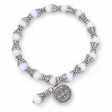 White Saint Benedict crystal bead stretch Catholic bracelet