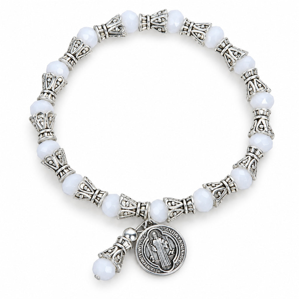 White Saint Benedict crystal bead bracelet reverse medal view
